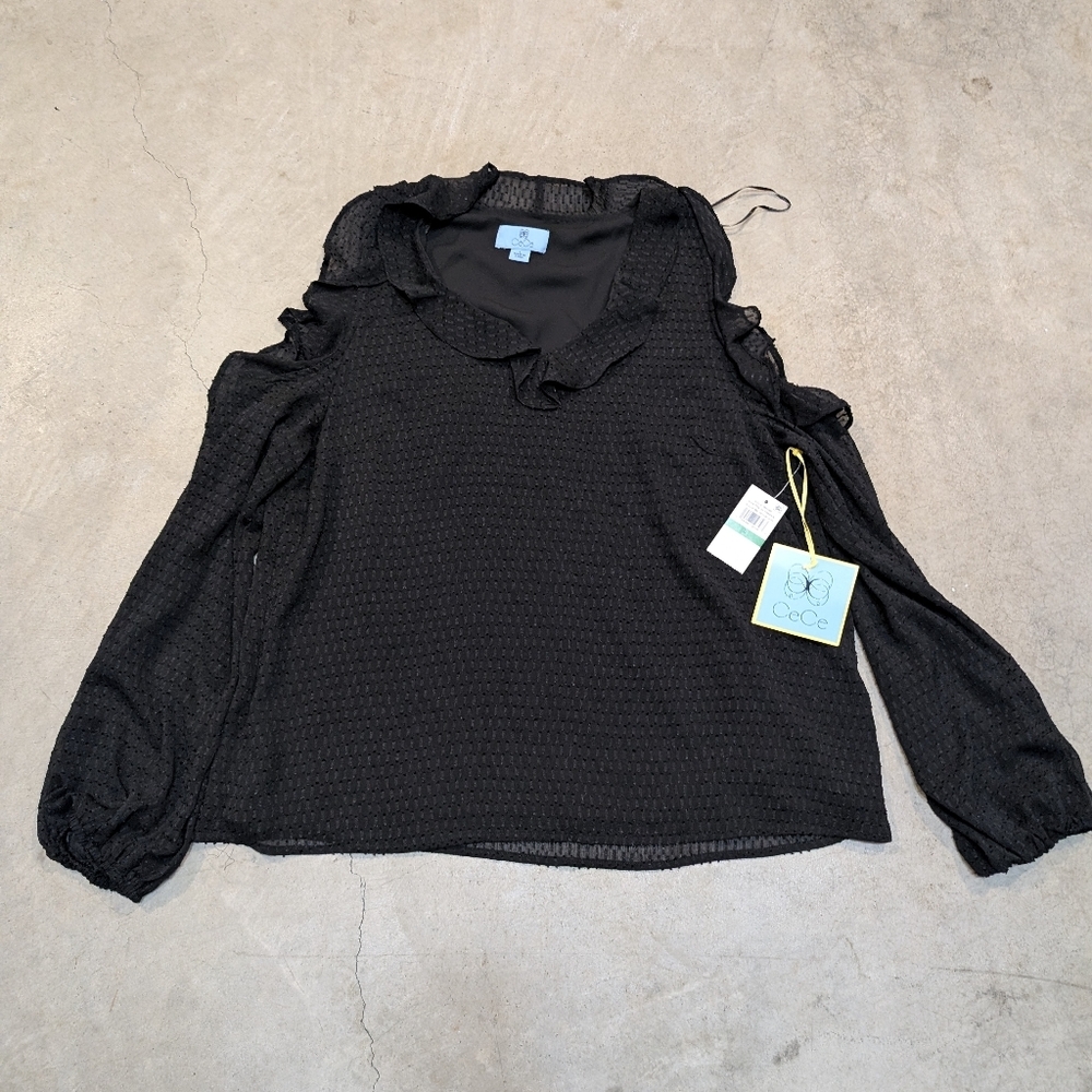 NWT CeCe Whistful Daydream Black Ruffle Detail Women's L Top Blouse